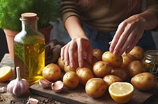 Una persona cojiendo patatas junto a un bote de aceite, ajos, limón y perejil